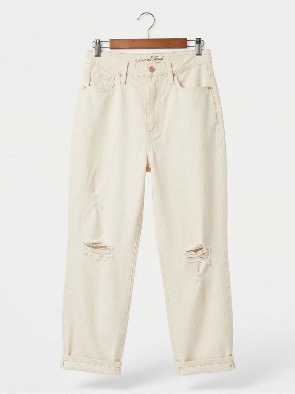 Universal Thread Highest Rise Straight Leg Crop Cream Distressed Denim Jean 8/29